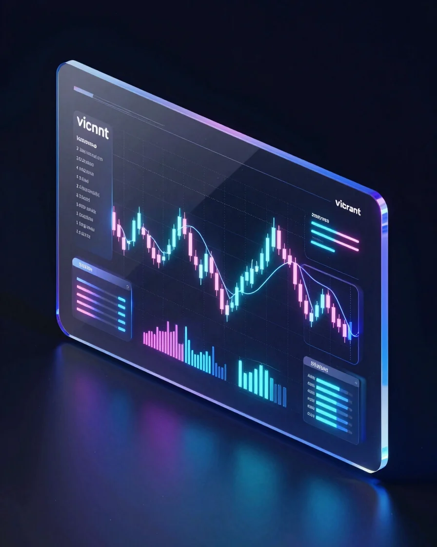 Vibrant 3D render of an abstract financial interface with glowing