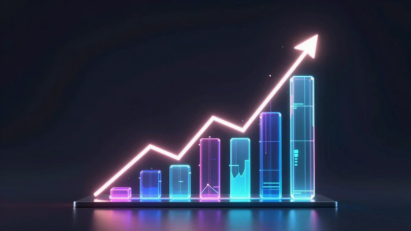 3D render of a glowing neon financial graph ascending, with abstr