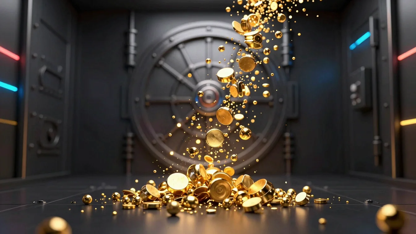 3D render of abstract digital gold particles flowing, with subtle