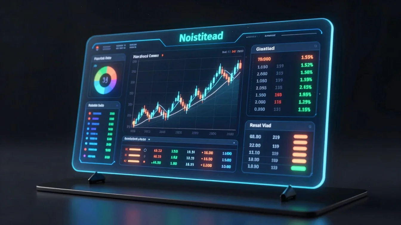 3D render of a holographic financial dashboard displaying real-ti