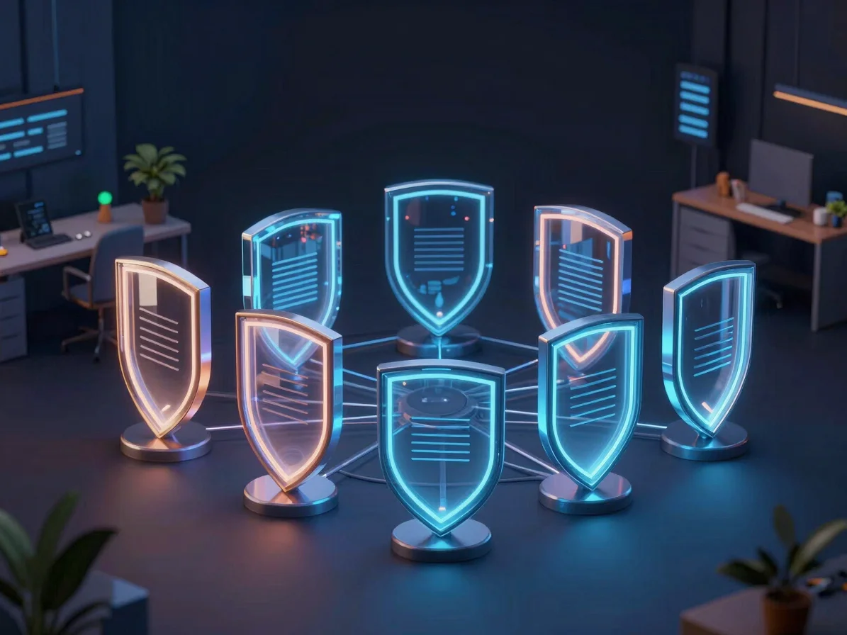 Vibrant 3D render of interconnected digital shields forming a protective network, glowing neon accents, deep dark backdr