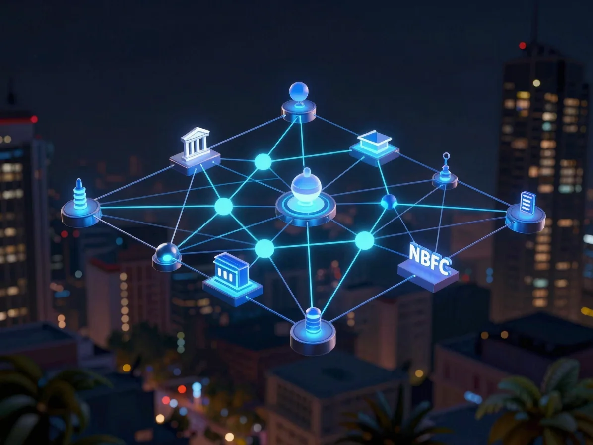 Vibrant 3D render of interconnected digital financial networks, g